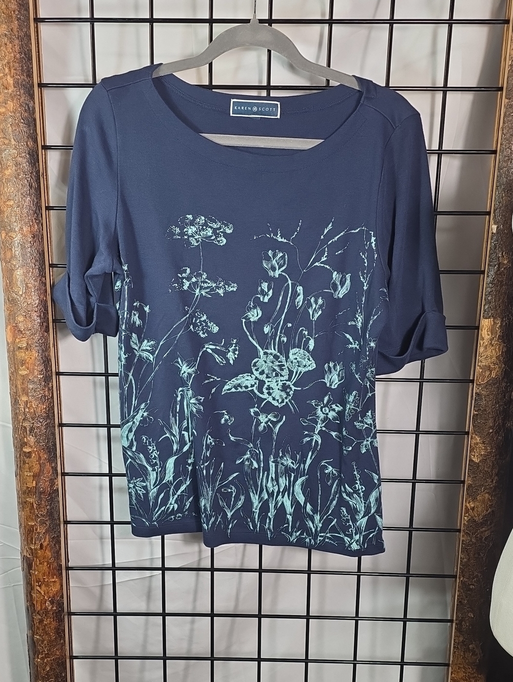 Karen Scott Navy Blue Floral Print Short-Sleeve Tee